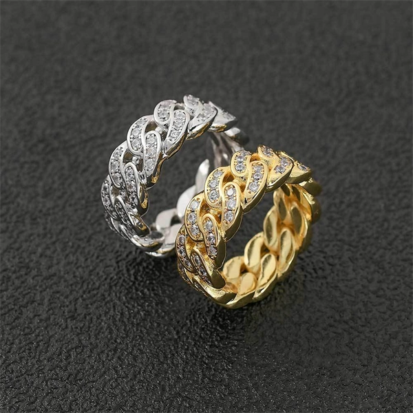 8mm Single Row Zircon Cuban Ring – Trendy 18K Gold Hip Hop Men’s Ring