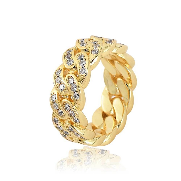 8mm Single Row Zircon Cuban Ring – Trendy 18K Gold Hip Hop Men’s Ring