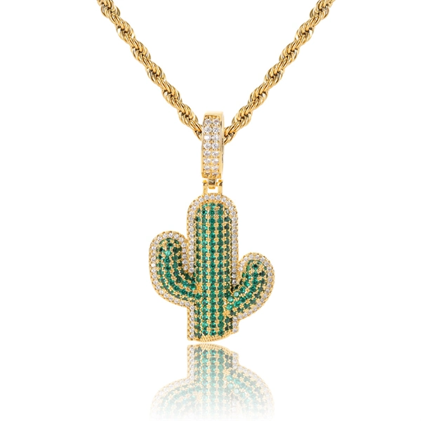 Iced Out Cactus Pendant Necklace – Solid Hip-Hop Jewelry for Men