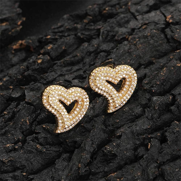 Iced Out Hollow Heart Stud Earrings – Statement CZ Hip Hop Jewelry for Women