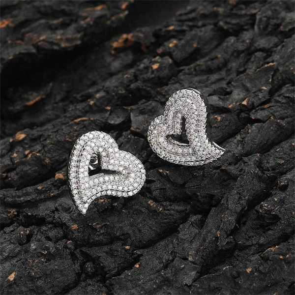 Iced Out Hollow Heart Stud Earrings – Statement CZ Hip Hop Jewelry for Women