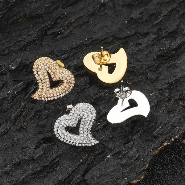 Iced Out Hollow Heart Stud Earrings – Statement CZ Hip Hop Jewelry for Women
