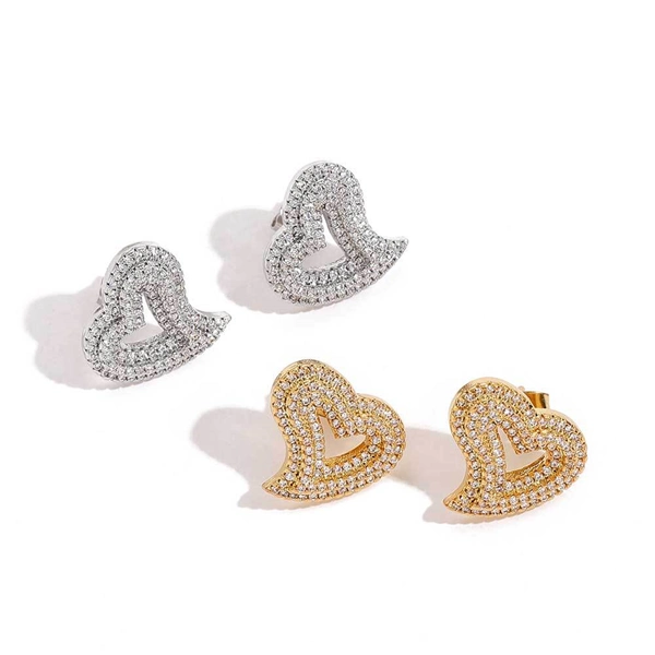 Iced Out Hollow Heart Stud Earrings – Statement CZ Hip Hop Jewelry for Women