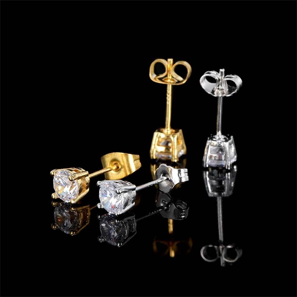 Iced Out Round CZ Stud Earrings – 4-Prong Hip Hop Style with S925 Silver Posts for Men & Women