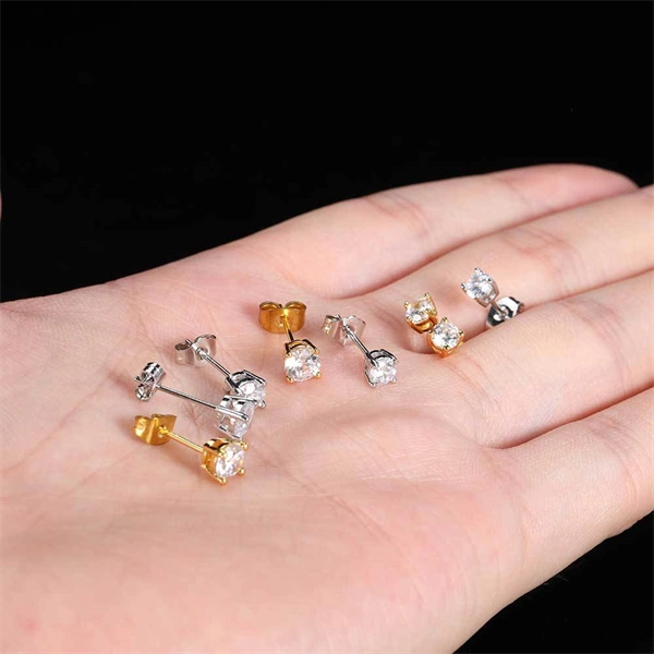 Iced Out Round CZ Stud Earrings – 4-Prong Hip Hop Style with S925 Silver Posts for Men & Women