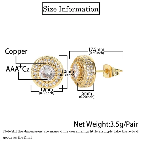Round Zircon Paved Hip Hop Stud Earrings – 925 Silver Post, High-End & Unique Accessory