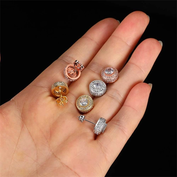 Round Zircon Paved Hip Hop Stud Earrings – 925 Silver Post, High-End & Unique Accessory