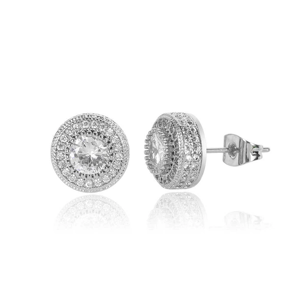 Round Zircon Paved Hip Hop Stud Earrings – 925 Silver Post, High-End & Unique Accessory