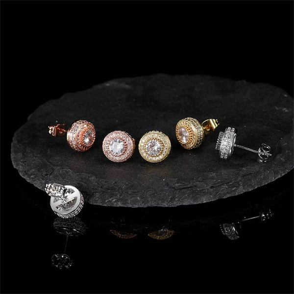 Round Zircon Paved Hip Hop Stud Earrings – 925 Silver Post, High-End & Unique Accessory