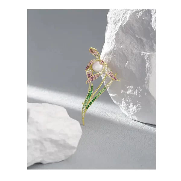 Tulip Flower Brooch Female Fashion Simulated Pearl Rhinestone Brooch