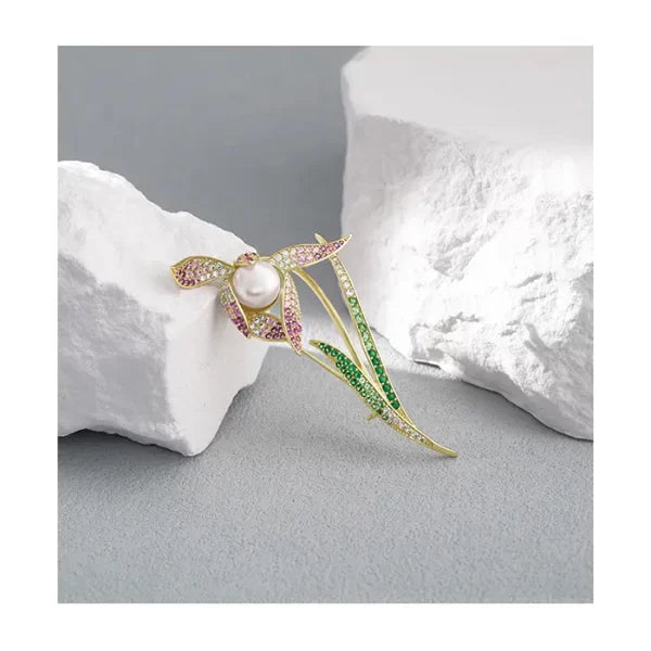 Tulip Flower Brooch Female Fashion Simulated Pearl Rhinestone Brooch