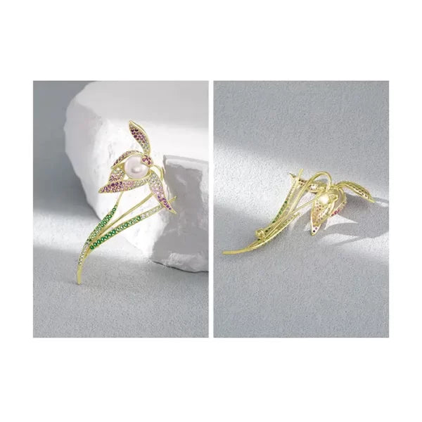 Tulip Flower Brooch Female Fashion Simulated Pearl Rhinestone Brooch