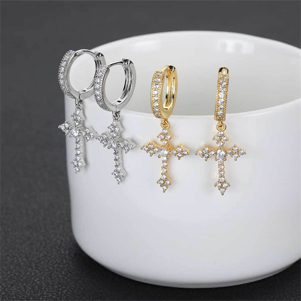 Zircon Paved Cross Hoop Earrings for Men & Women – Trendy Hip Hop Street Style Accessory