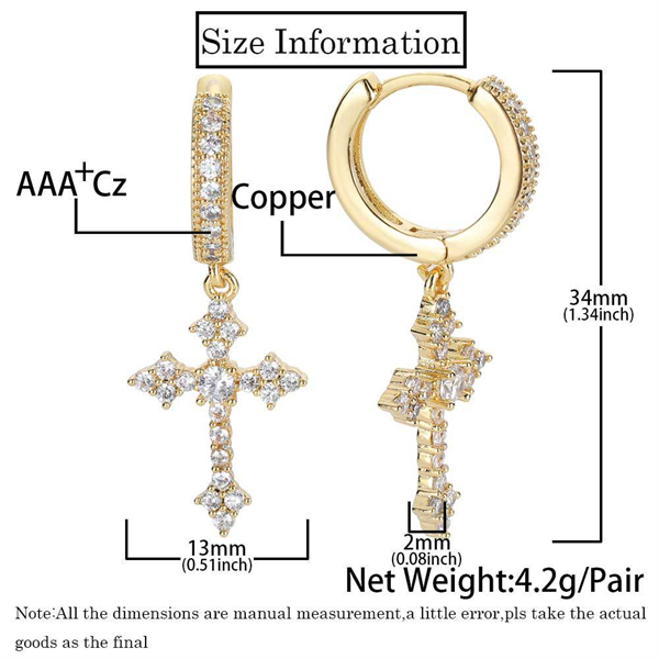 Zircon Paved Cross Hoop Earrings for Men & Women – Trendy Hip Hop Street Style Accessory