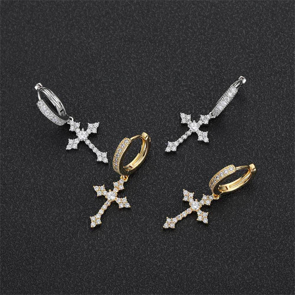 Zircon Paved Cross Hoop Earrings for Men & Women – Trendy Hip Hop Street Style Accessory
