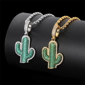 Iced Out Cactus Pendant Necklace – Solid Hip-Hop Jewelry for Men