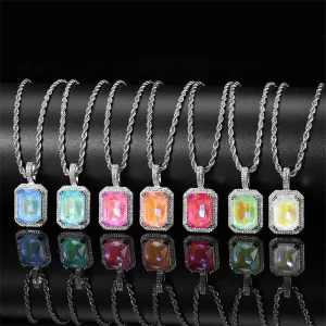 Mocha Fluorescent Square CZ Pendant – Colorful Iced Out Hip Hop Necklace for Men & Women