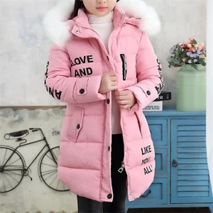 Warm Girls Puffer Jacket with Trendy Letter Print – Cozy Winter Down Coat for Kids 4–12 Years