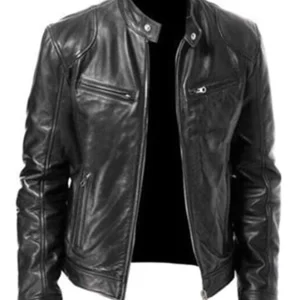 Men’s Casual Leather Biker Jacket – Zipper Motorcycle Coat with Stand Collar
