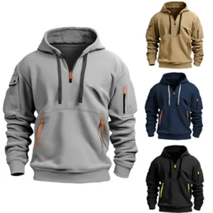 Men’s Plus Size Hooded Sweatshirt – Zip-Up Jacket with Multi Pockets for Spring & Fall