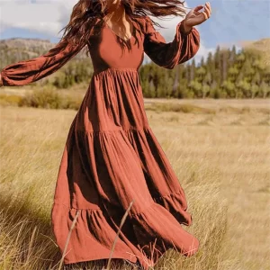 Women's Long Sleeve A-Line Maxi Dress – Elegant High Waist Fall Outfit for Autumn